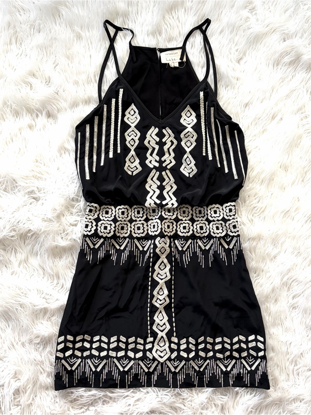 Atelier Nicole Miller 100% Silk Embroidered Boho Mini Dress Petite S Black Y2K